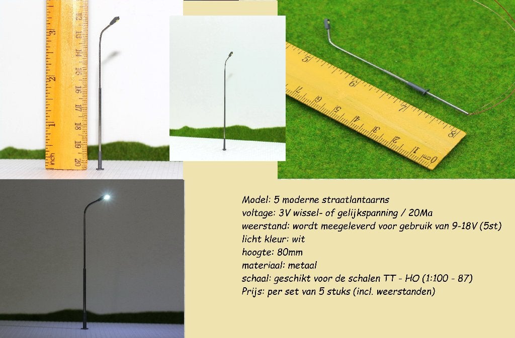 MTHO - 5 moderne lantaarns met LED lamp voor TT – HO (123), Hobby en Vrije tijd, Overige merken, Gebruikt, Gelijkstroom of Wisselstroom