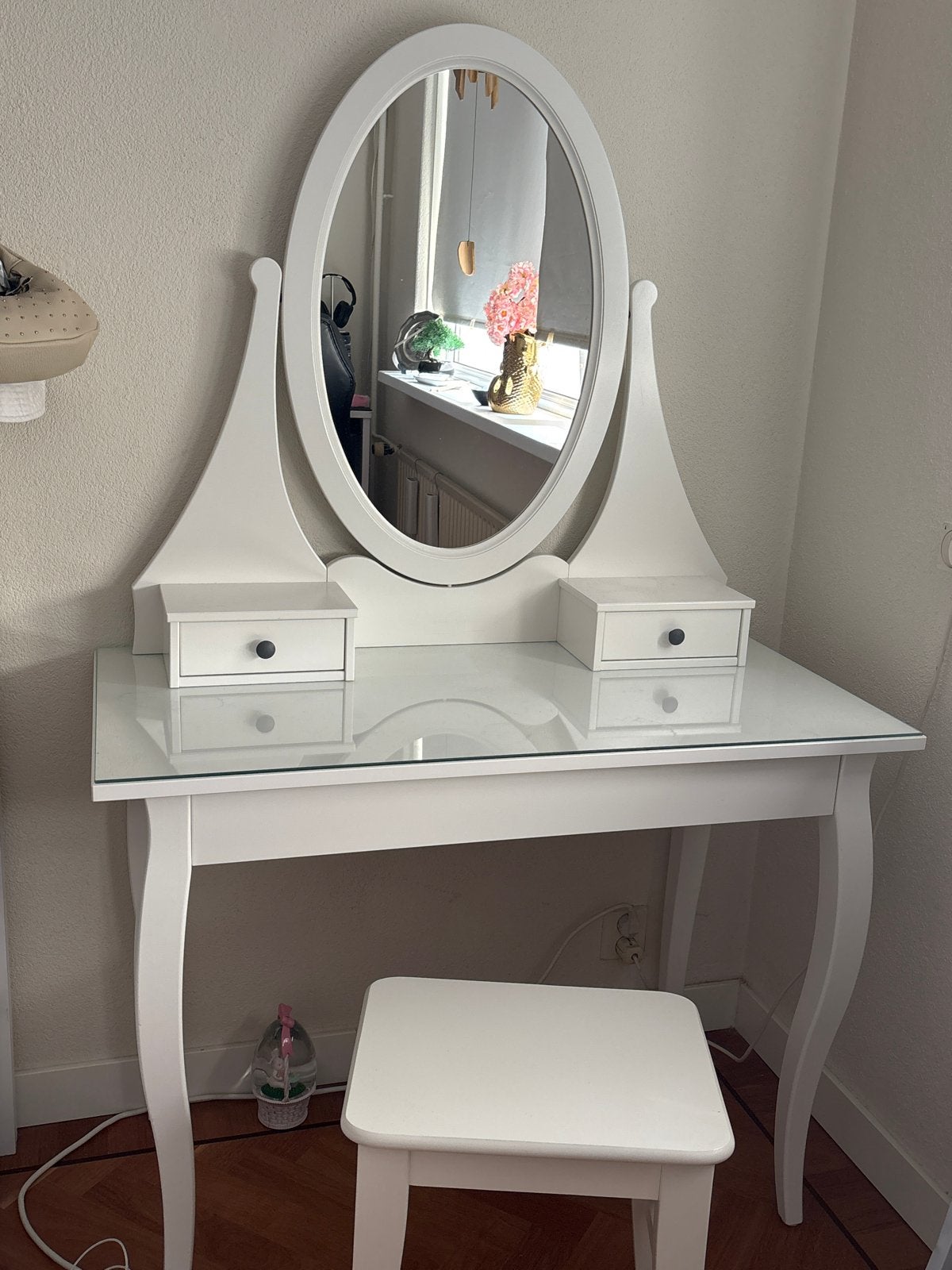 Witte kaptafel met spiegel en krukje, Huis en Inrichting, Tafels | Eettafels, Ophalen, 50 tot 100 cm, Glas, 50 tot 100 cm