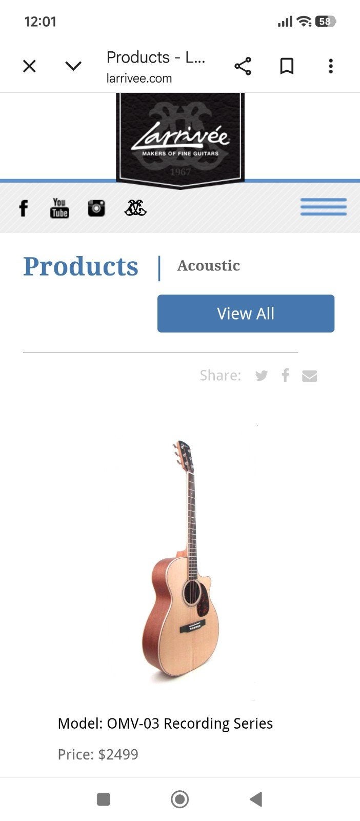 Larrivée OMV 03, Muziek en Instrumenten, Verzenden, Zo goed als nieuw, Western- of Steelstringgitaar