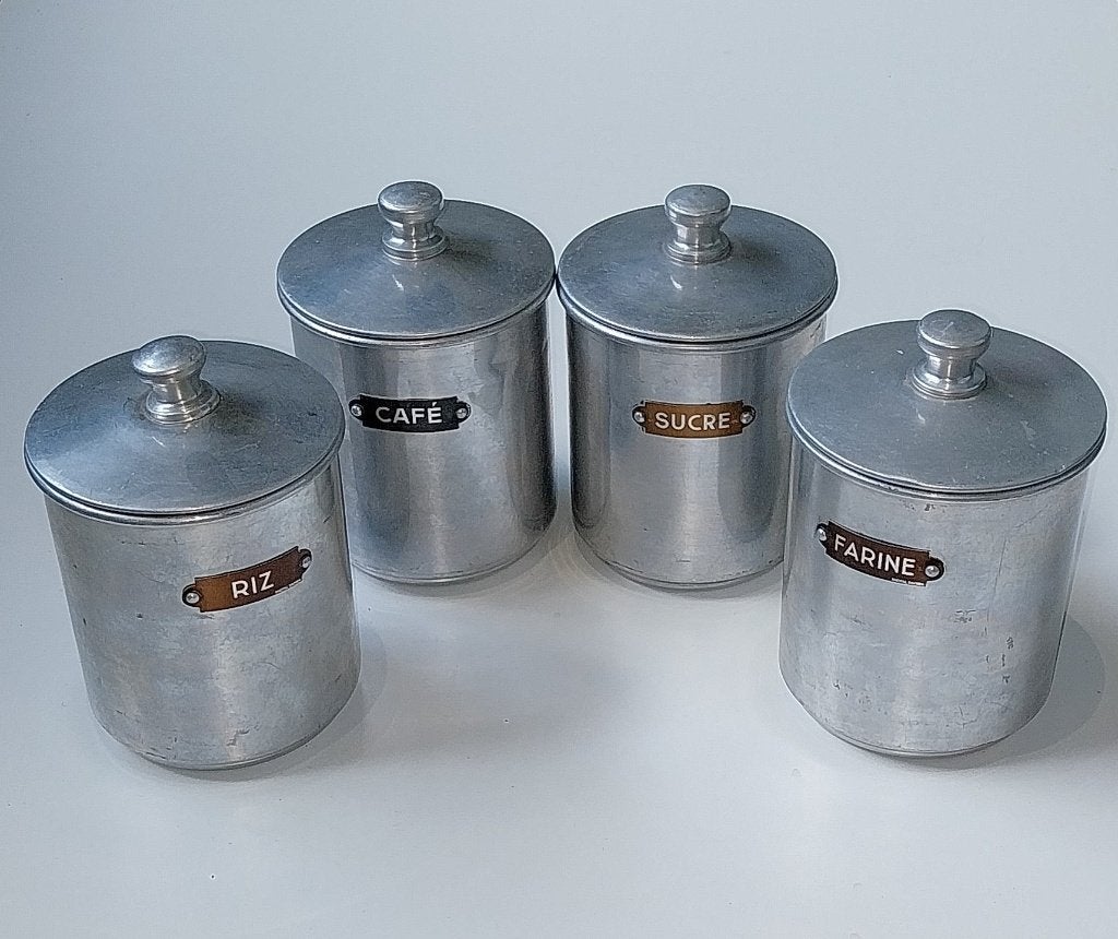 Set á 4 st. Franse Aluminium Keukenbussen / Voorraadbussen, Ophalen of Verzenden