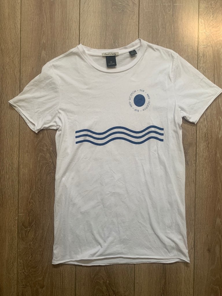 Scotch&Soda T-shirt wit met blauwe golfjes print S/46, Kleding | Heren, Verzenden, Wit, Zo goed als nieuw, Scotch & Soda
