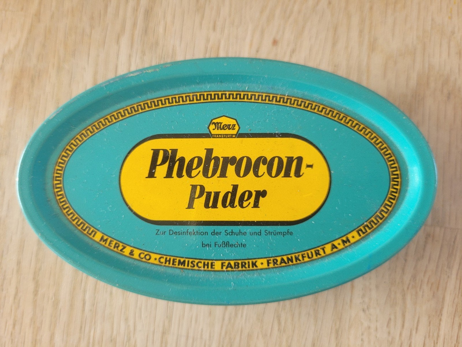 Antiek Duits blikje Phebrocon-Puder Merz & Co (Vintage), Ophalen of Verzenden, Gebruikt, Overige