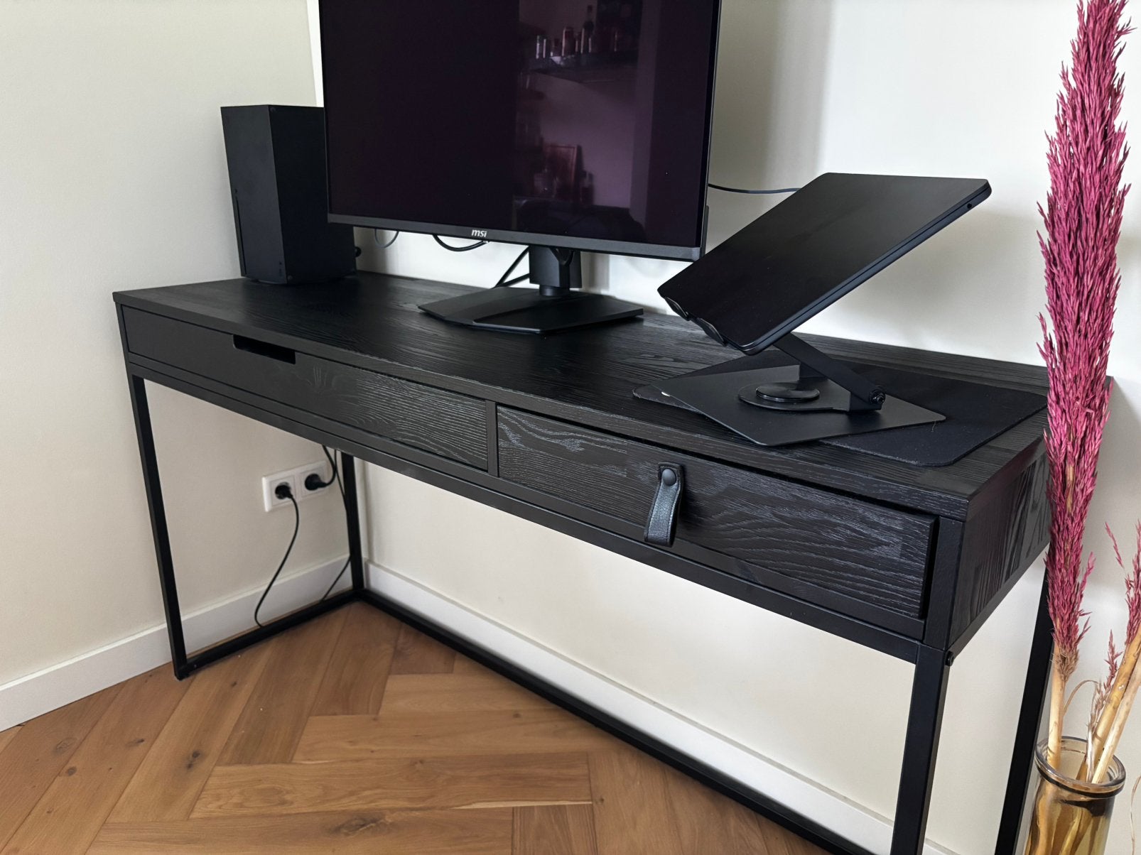 Bureau ‘Silas’ WOOOD, essen blad met metalen frame en lades, Ophalen, Hout, 44 cm, Zo goed als nieuw