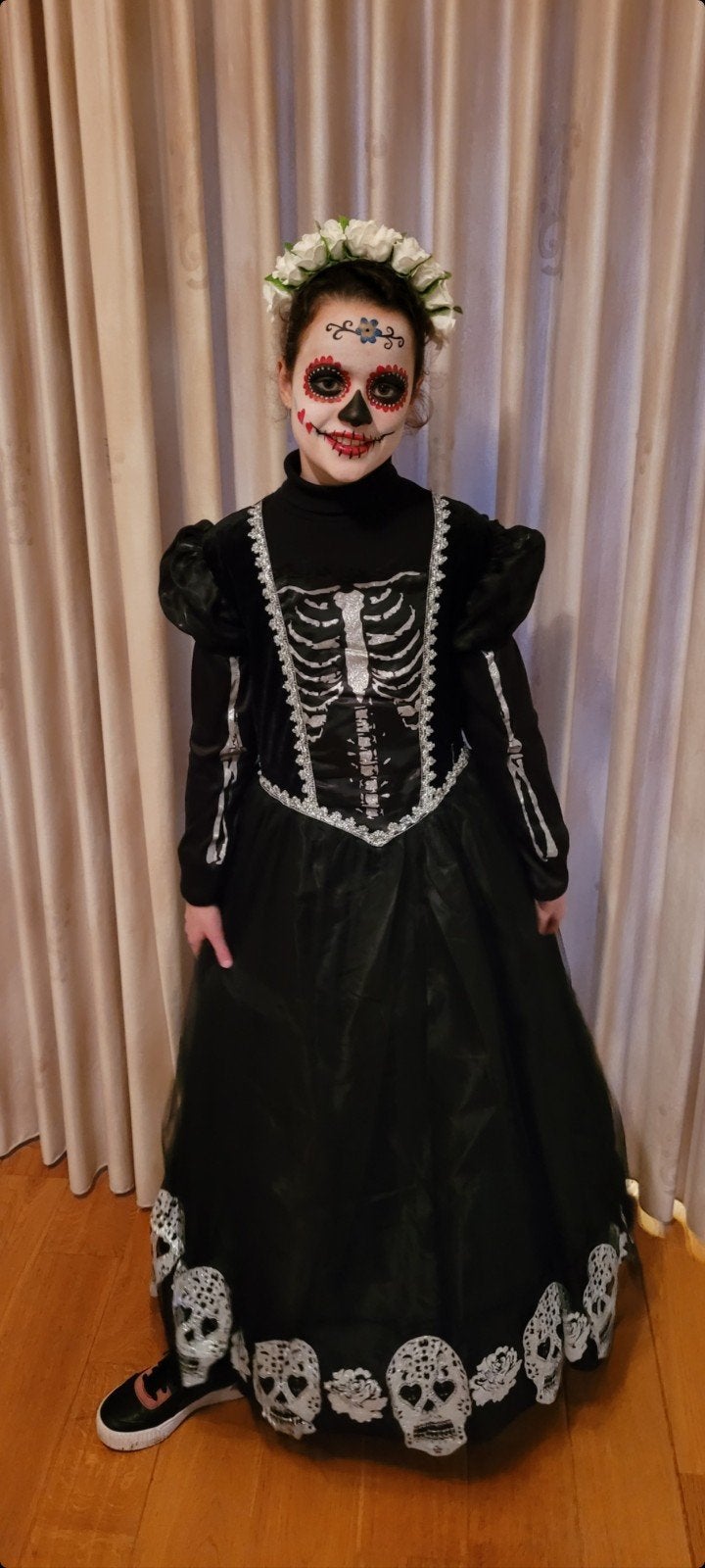 Halloween jurk maat 152 - Skelet Day of the Dead, Ophalen, Zo goed als nieuw, Meisje, Jurk of Rok