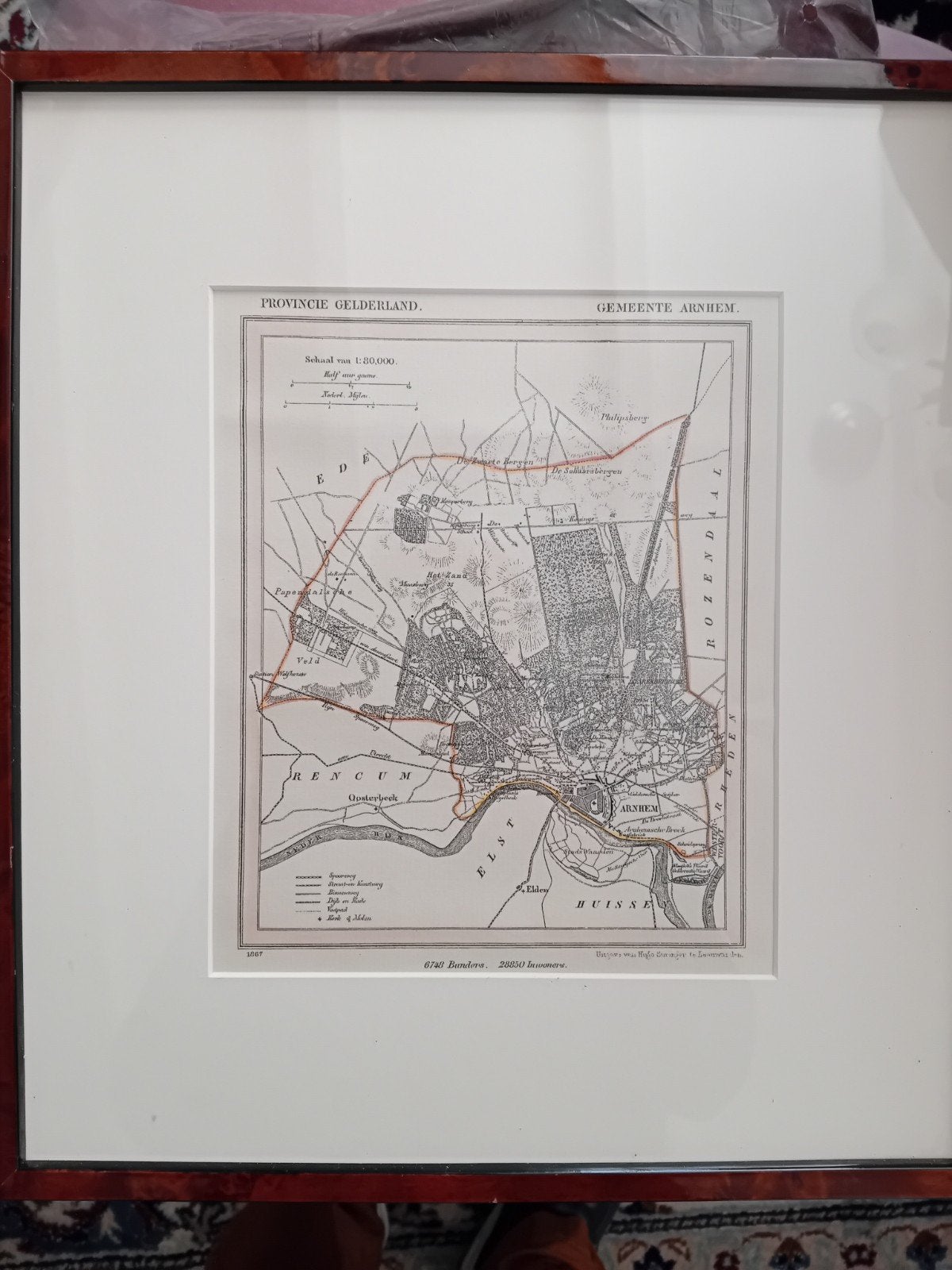 landkaart 1867, Arnhem. Duidelijke afdruk ingelijst 34x30 cm, Boeken, J. Kuyper, Ophalen of Verzenden, 1800 tot 2000, Nederland