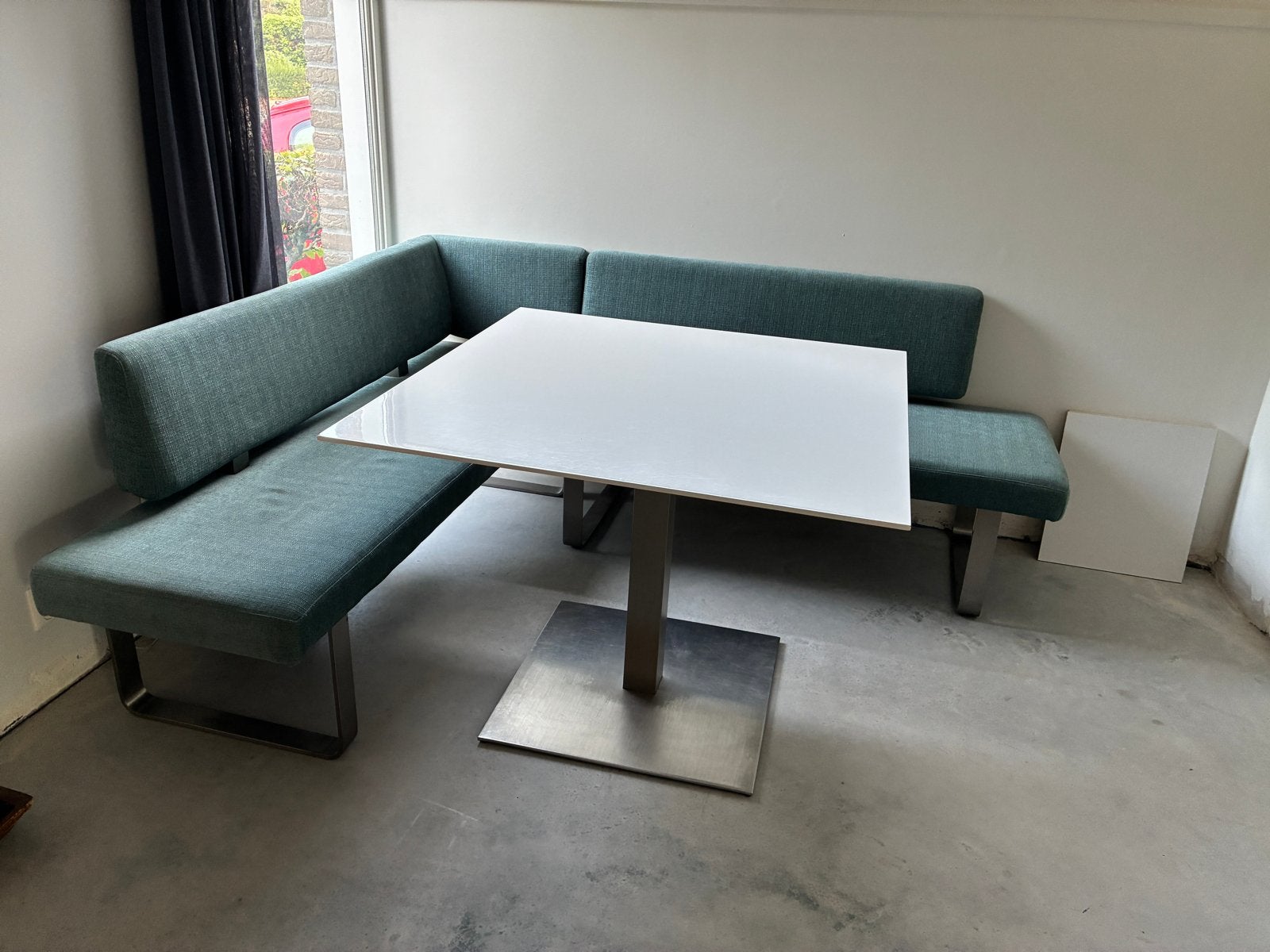 Hoekbank eethoek met hoogglans witte tafel, Huis en Inrichting, Ophalen, Gebruikt