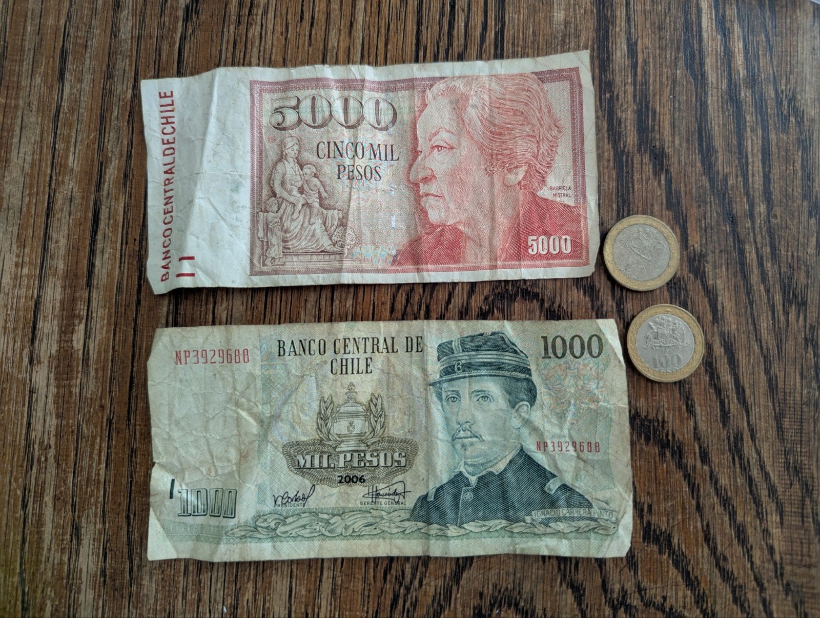 Chili pesos 5000, 1000 en munten 100, Ophalen of Verzenden, Buitenland, Bankbiljetten
