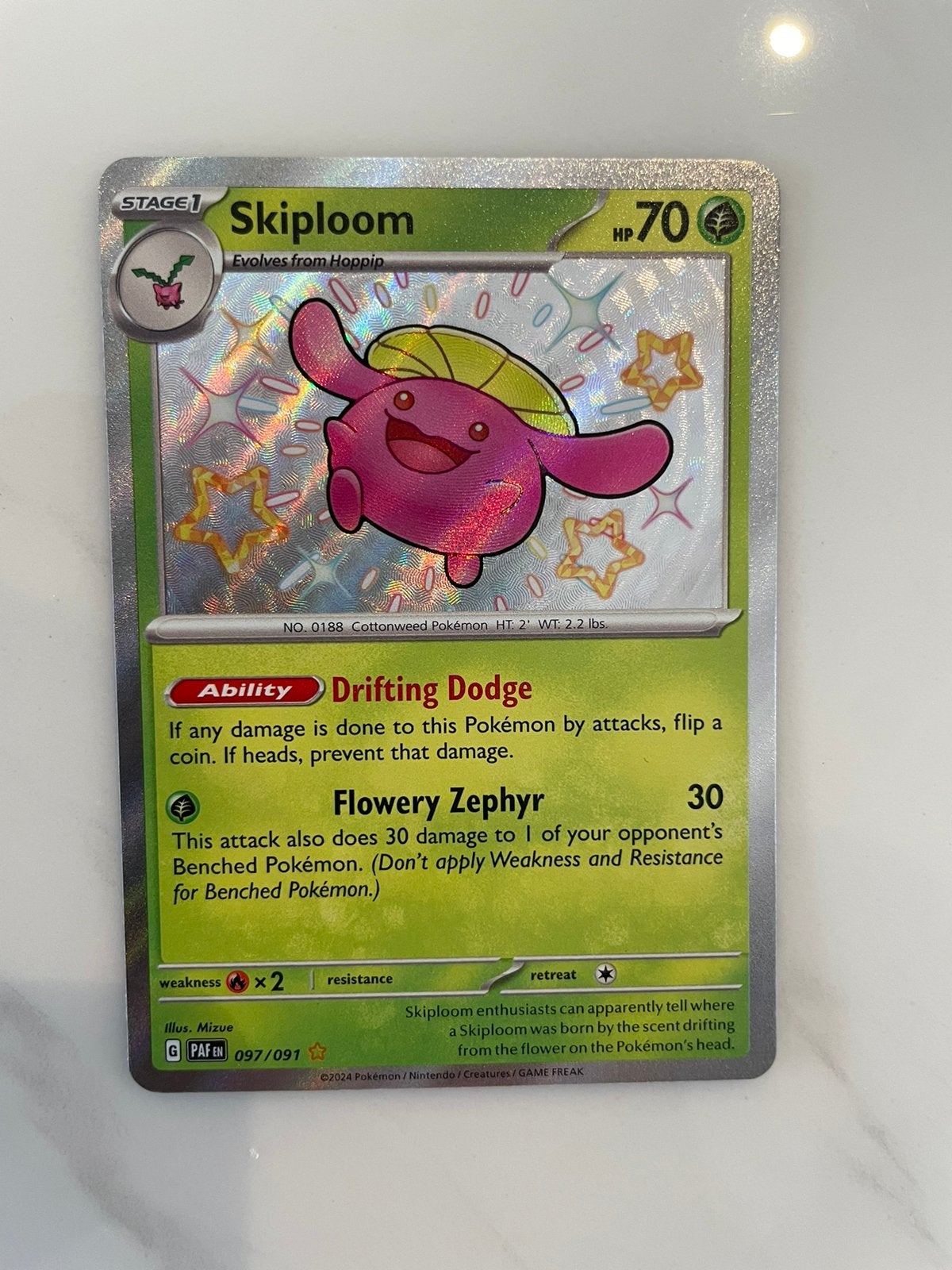Pokemon Shiny Skiploom Paldean Fates 097/091., Ophalen, Zo goed als nieuw, Losse kaart, Foil