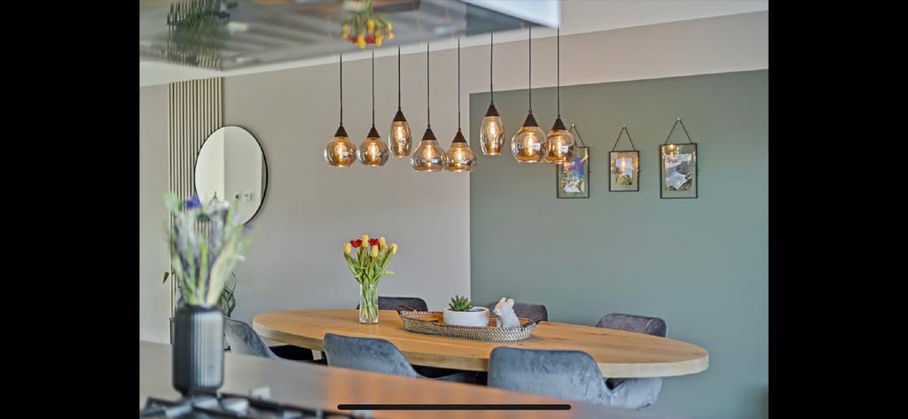 Smokey glazen keukentafel lamp - 120x30cm, hoogte verstelbaa, Ophalen, Nieuw, Glas, 75 cm of meer