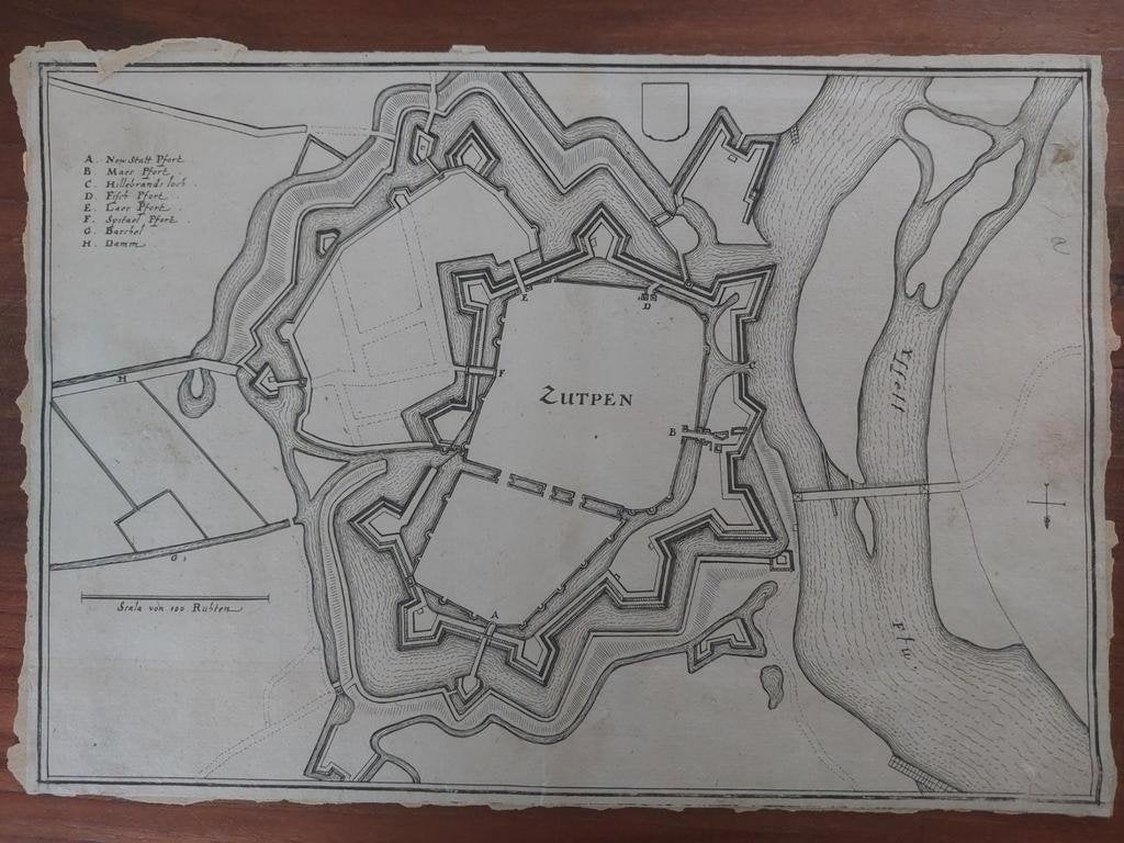 21 / Plattegrond Zutphen Gravure uit 1659 van C. Merian, Antiek en Kunst, Ophalen of Verzenden