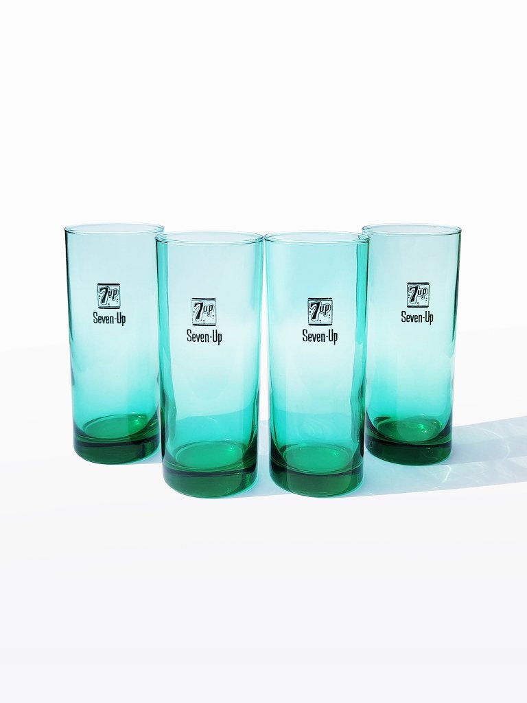 4 longdrink glazen 7up, vintage, turquoise met goud, Glas of Glazen, Verzenden, Overige stijlen, Glas