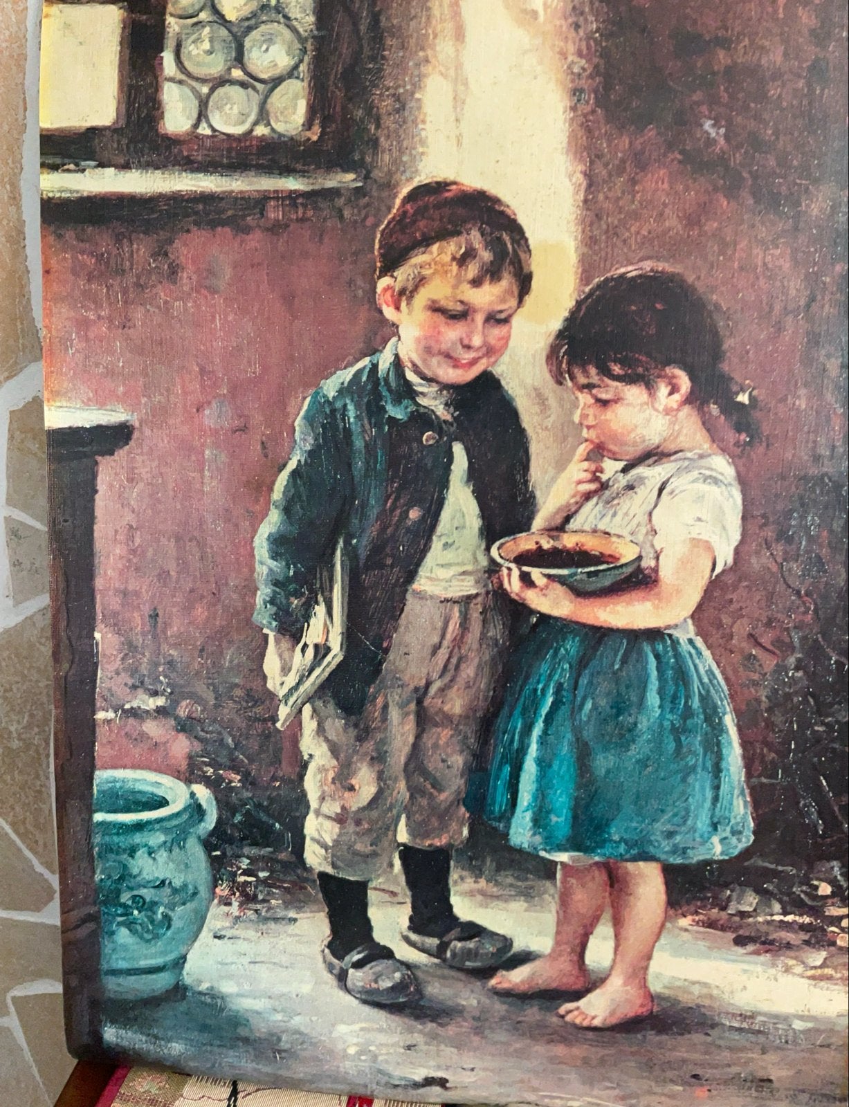 Jongen en meisje met kom - Klassieke Prent, Ophalen of Verzenden, Klassiek, Portret of Personen, Paneel