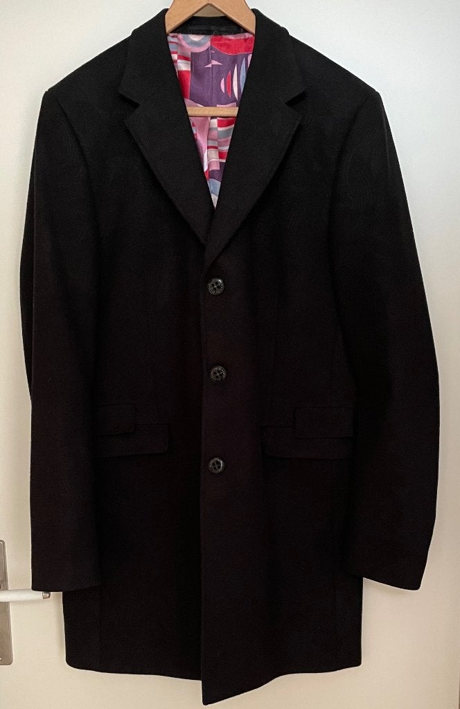 Hans Ubbink overjas Zwart met werkje, Kleding | Heren, Kostuums en Colberts, Maat 52/54 (L), Zwart, Hans Ubbink, Ophalen of Verzenden