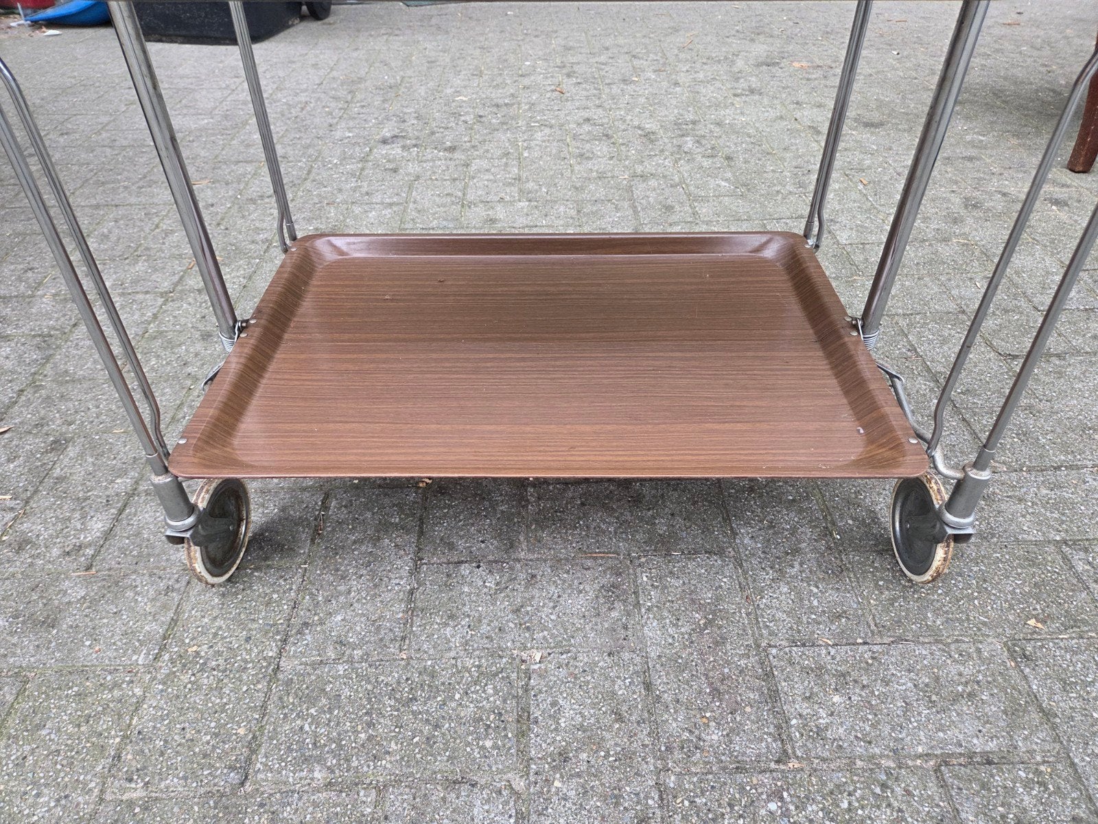 Opklapbare theetrolley van Bremshey & Co, chroom en hout, Vintage, Gebruikt, Bremshey & Co, Onbekend