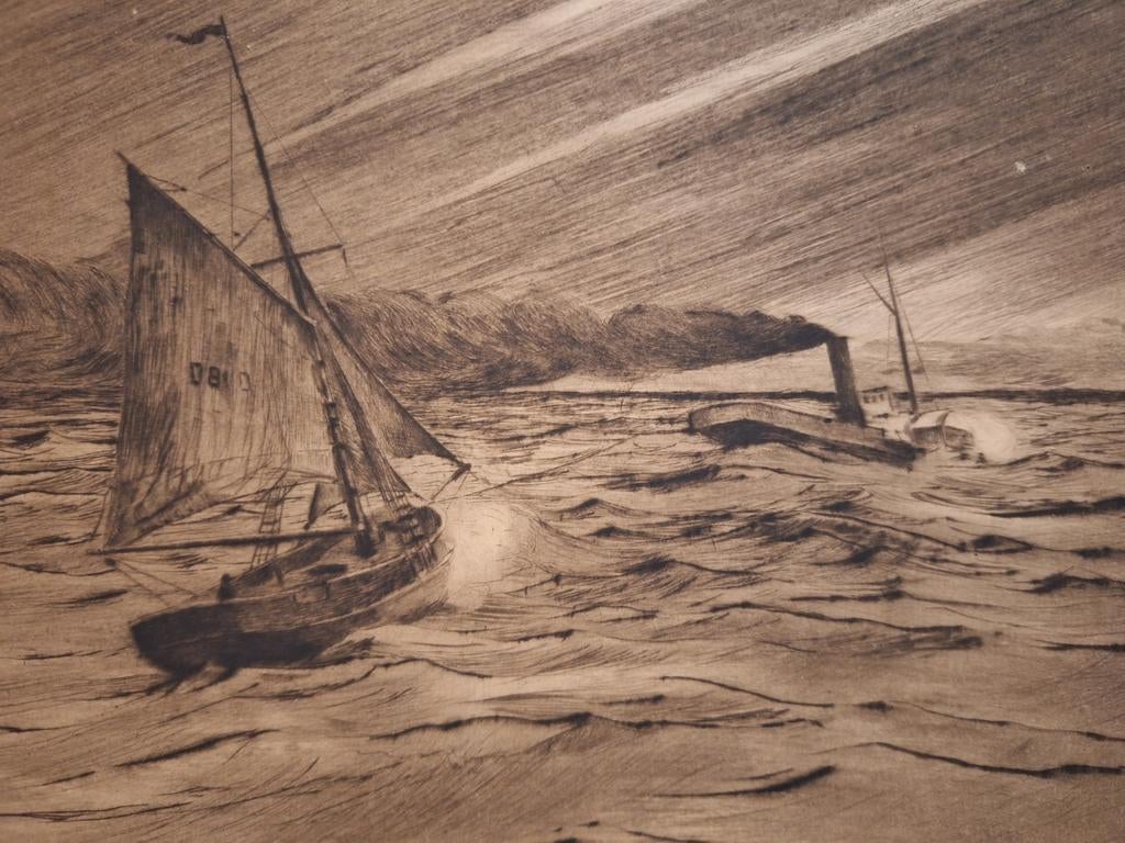 Ets Zeegezicht met Zeilboot - Gesigneerd Coppens, Antiek en Kunst, Kunst | Etsen en Gravures, Ophalen of Verzenden
