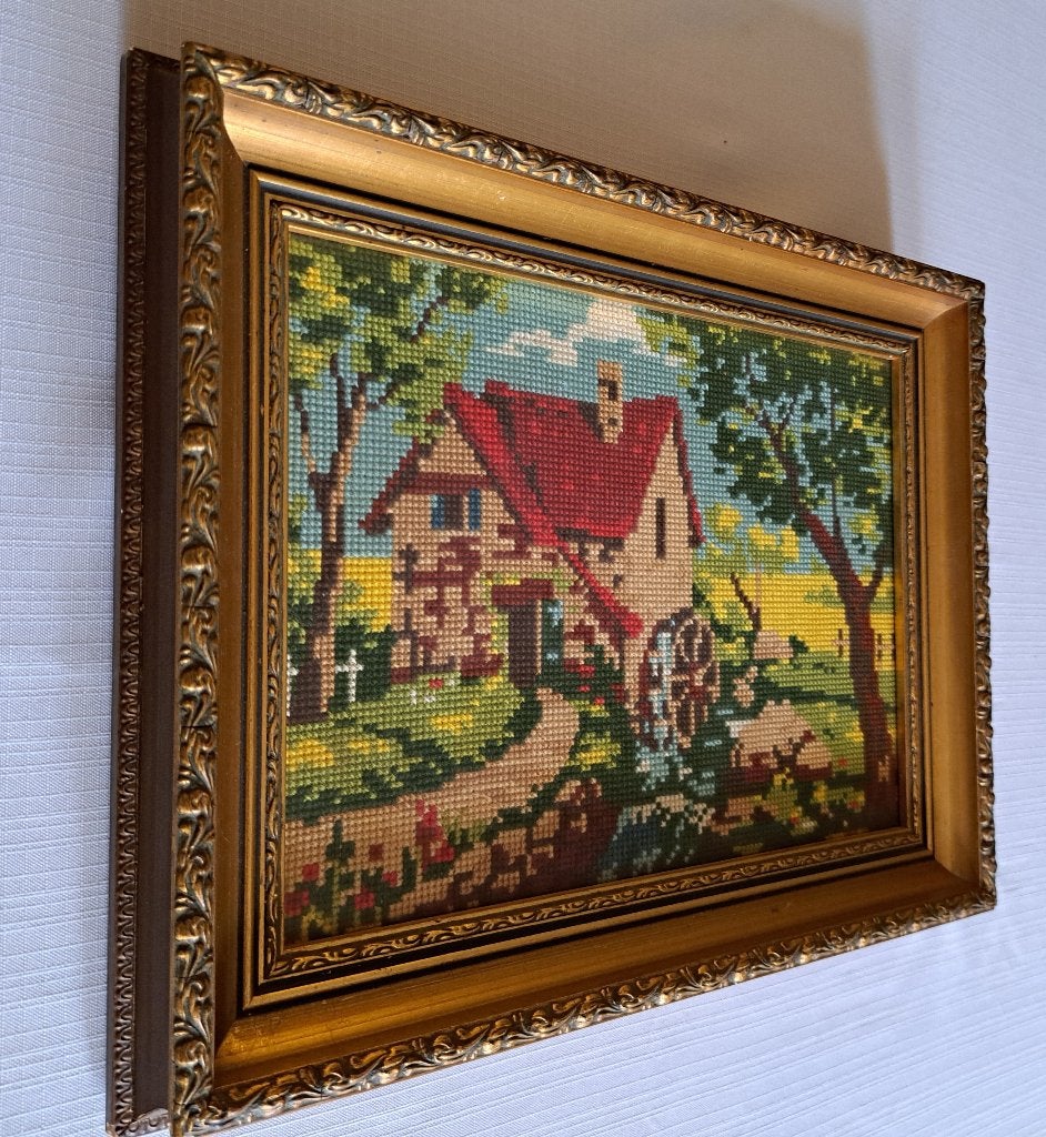 Vintage schilderij watermolen barok goud lijst geborduurd, Verzenden, Gebruikt, Minder dan 50 cm, Schilderij