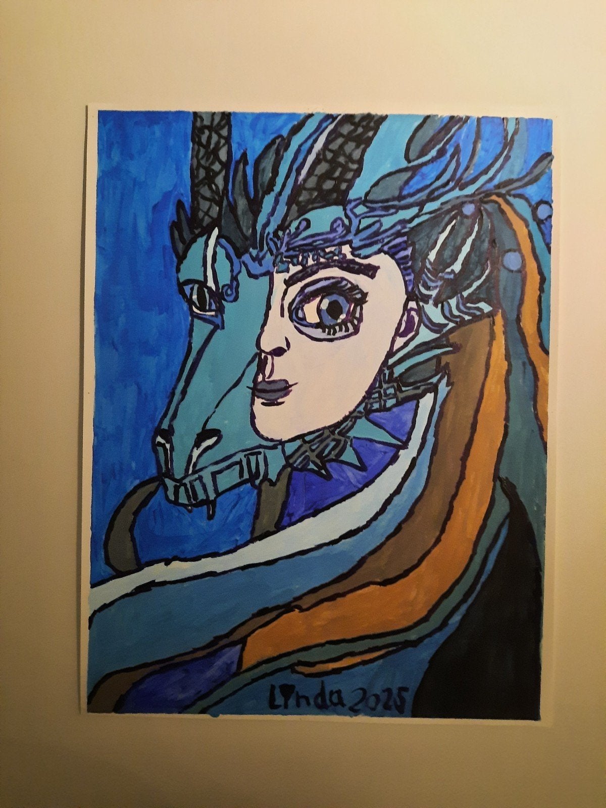 Schilderij 25 Mysterieuze Vrouw en Draak in Blauwtinten, Ophalen of Verzenden, Gesigneerd, Textiel, Figuren