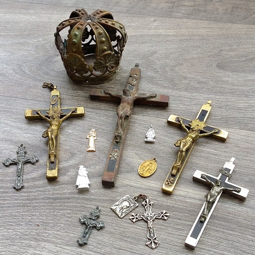 19 de eeuw GROOT Lot Religie Kruis Rozenkrans Maria Kroon, Antiek en Kunst, Antiek | Religie, Ophalen of Verzenden