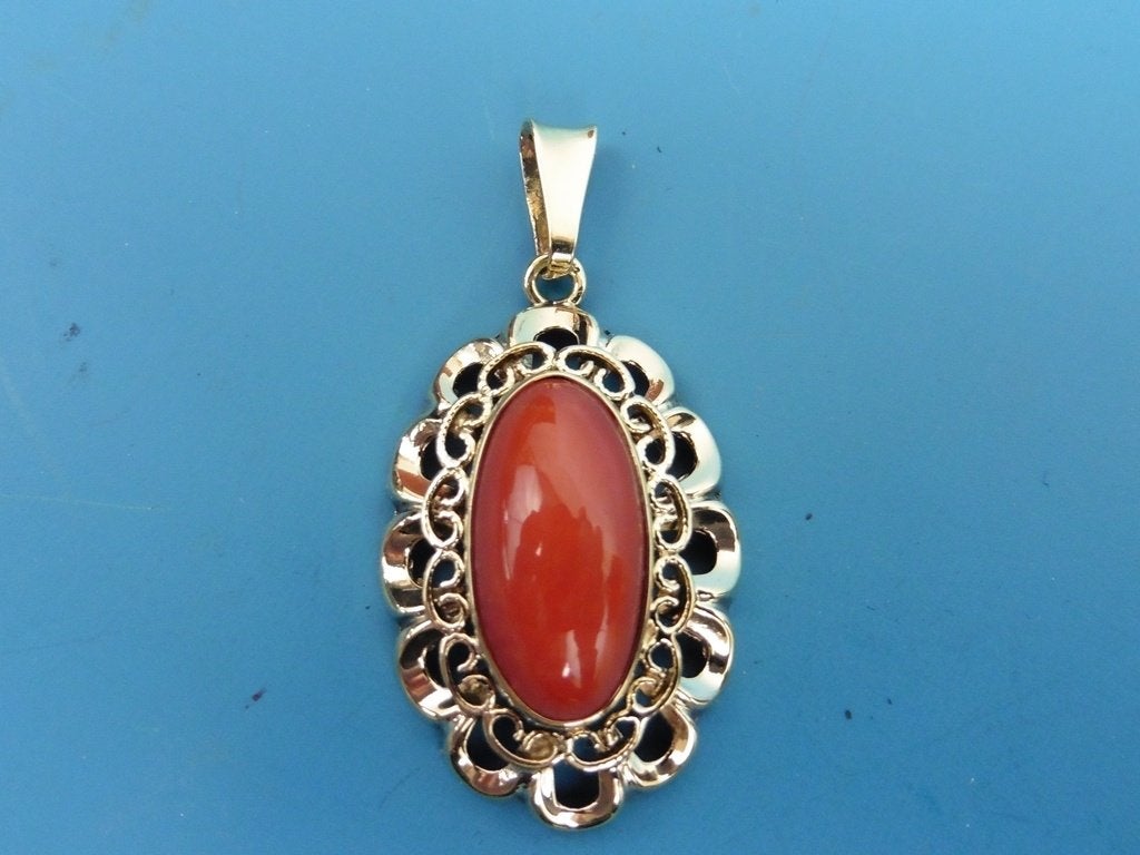 Gouden vintage hanger met bloedkoraal                    G34, Gebruikt, Overige voorstellingen, ., Ophalen of Verzenden