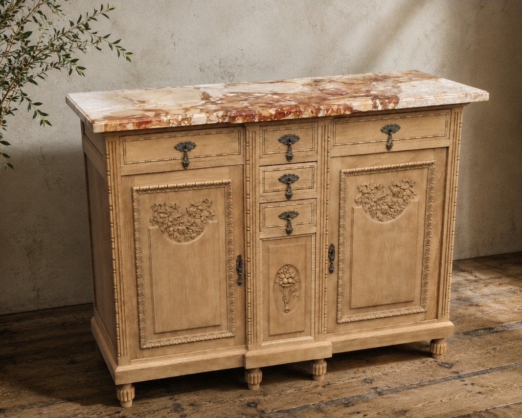 Frans, blank eiken dressoir met marmeren blad ca. 1880, Ophalen, Landelijk antiek, 100 tot 150 cm, Eikenhout