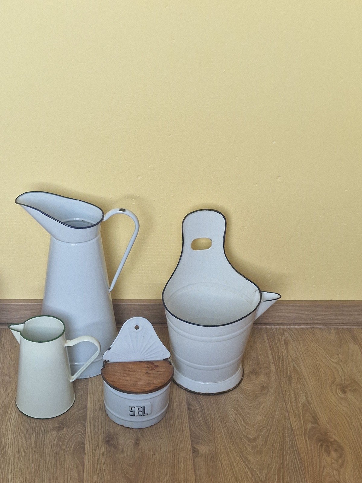 Brocante vintage emaille kannen , schep emmer en sel bakje, Ophalen