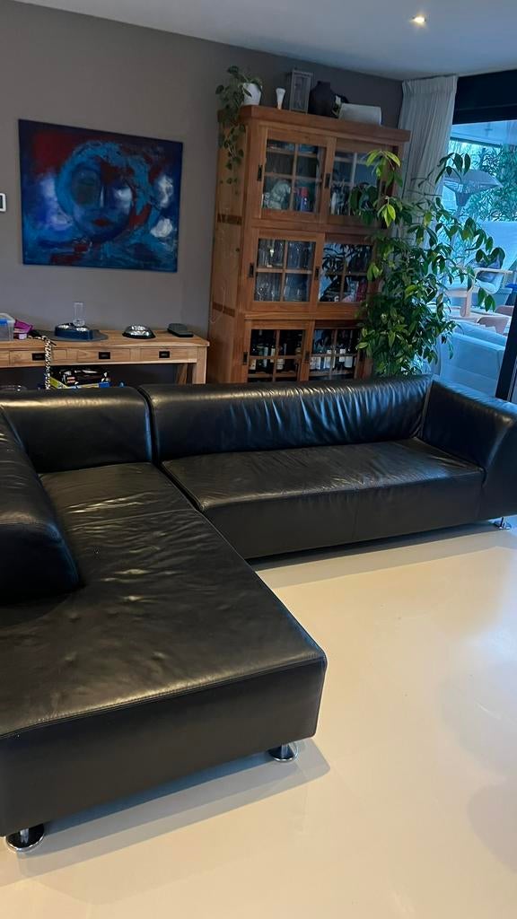 Hoekbank leer  leren bank zwart, Huis en Inrichting, Ophalen, Gebruikt, Leer, Modern