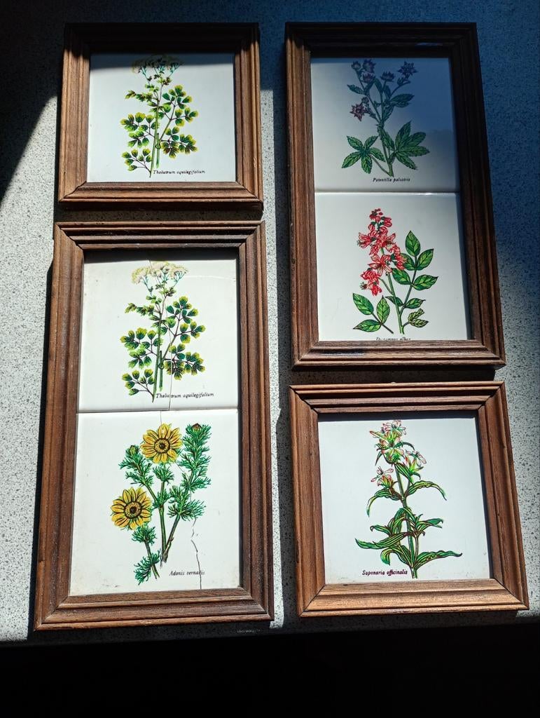 Set van 4 vintage tegelpanelen met bloemen/kruiden, Antiek en Kunst, Ophalen of Verzenden