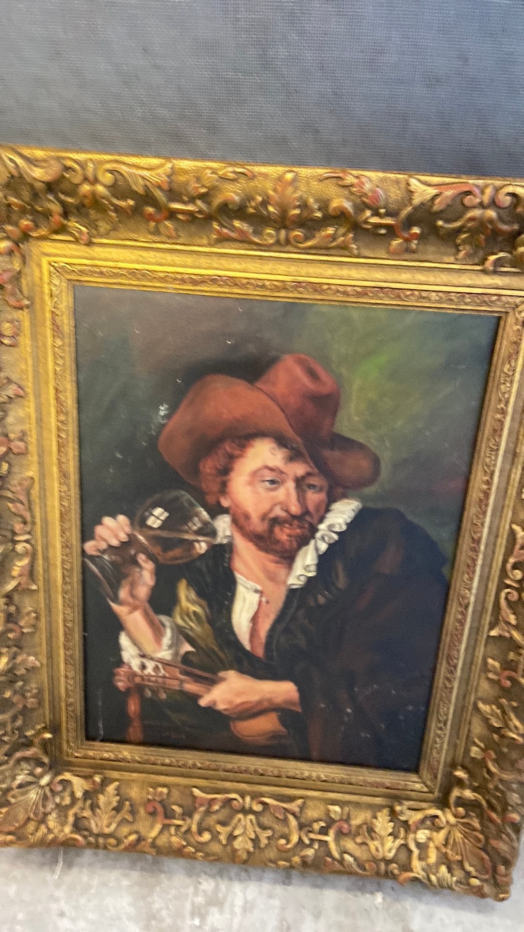 Klassiek schilderij: Man met hoed, glas en viool, Ophalen, Doek, Portret of Personen, Olieverf
