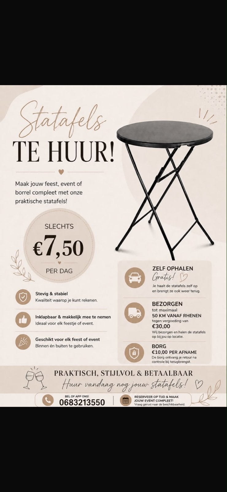 Statafel te huur voor feesten en evenementen, Ophalen of Verzenden, Gebruikt