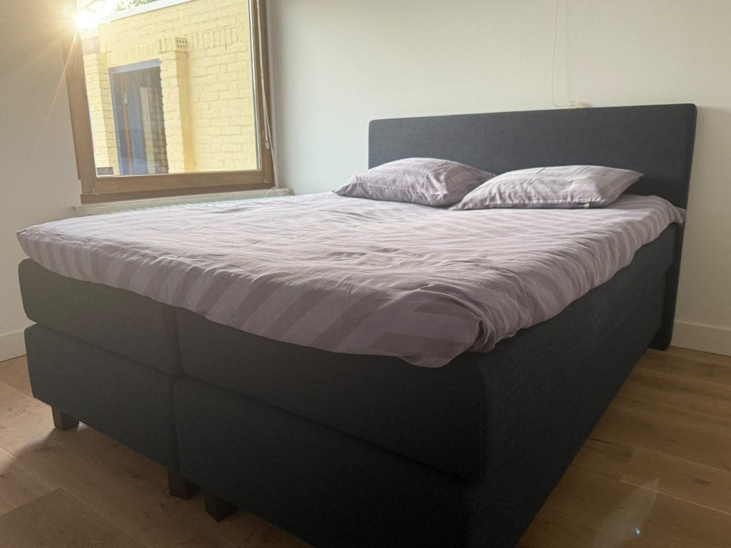 Pullman boxspring express 160x200 vlak incl. achterwand, Ophalen, Gebruikt, Blauw, Tweepersoons