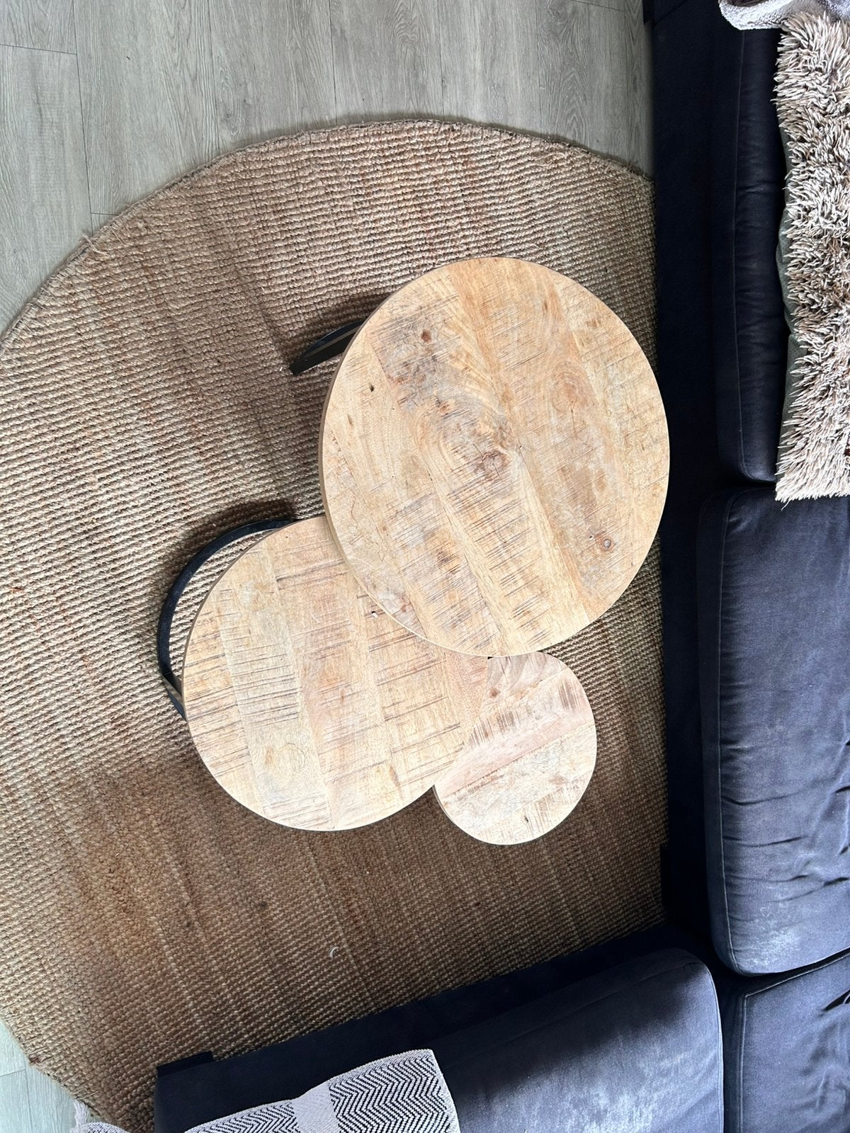 Te koop: 3 handige salontafeltjes in verschillende maten., Huis en Inrichting, Tafels | Salontafels, Ophalen, Gebruikt, Rond, 50 tot 100 cm