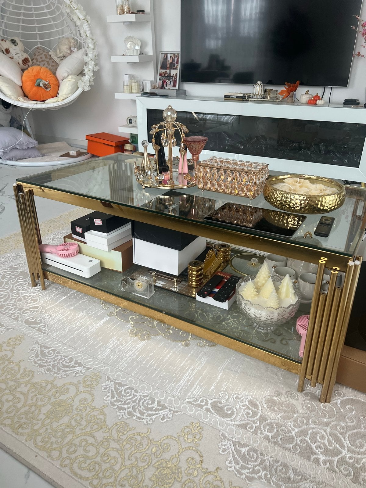 Luxe salontafel met gouden frame en glazen bladen, Huis en Inrichting, Ophalen, 50 – 75, 100 tot 150 cm, 50 tot 100 cm