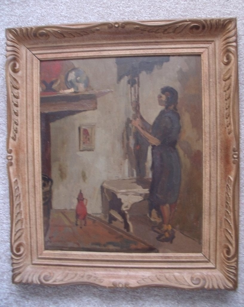 Johan Plas - (1888-1964) Vrouw in interieur - olieverf - '41, Ophalen, Paneel, Portret of Personen, Olieverf