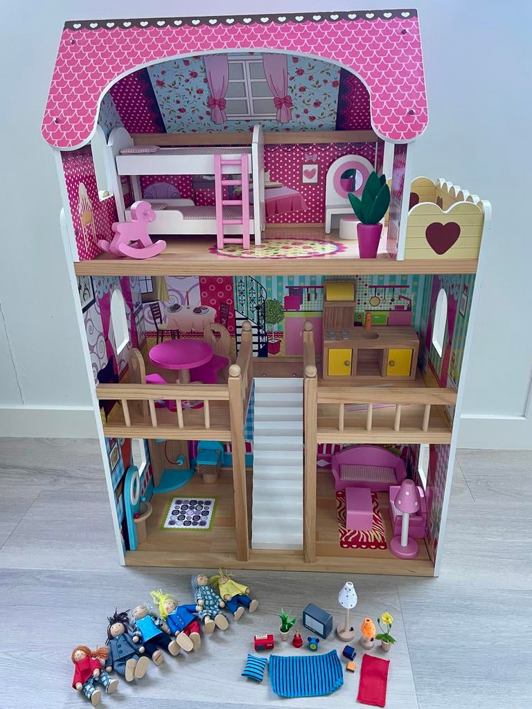Houten poppenhuis met accessoires, Ophalen, Gebruikt, Poppenhuis