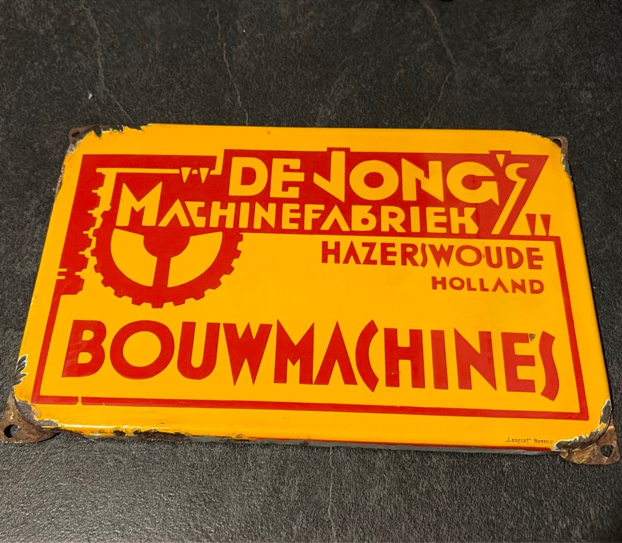 Emaille reclamebord de jong machinefabriek LANGCAT, Ophalen of Verzenden, Gebruikt, Reclamebord