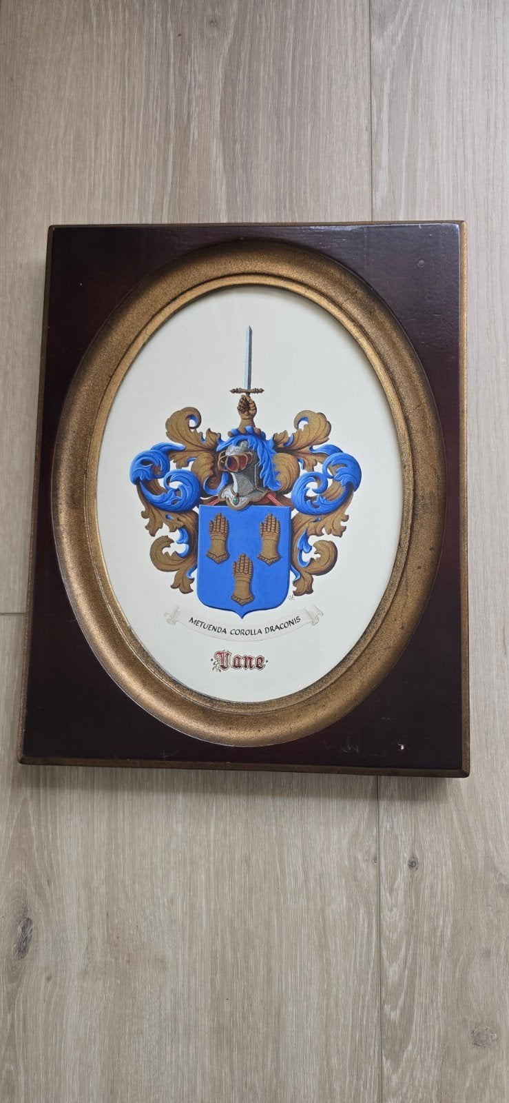 Klassiek Heraldisch Familiewapen "Vane" in Ovale Houten Lijs, Antiek en Kunst, Ophalen of Verzenden