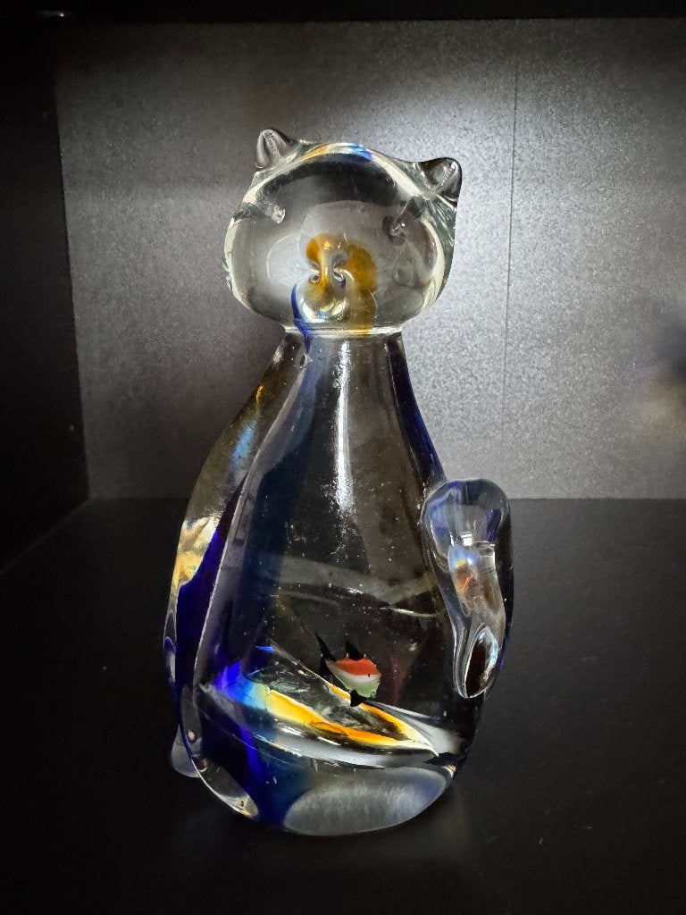 Murano Style Glass Cat With Fish In Belly, Antiek en Kunst, Ophalen