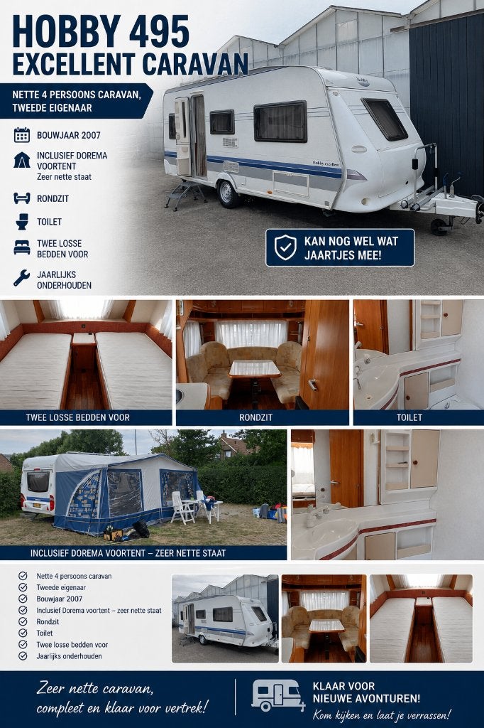 Hobby 495 excellent, Caravans en Kamperen, Rondzit, Hobby, Kachel, Particulier