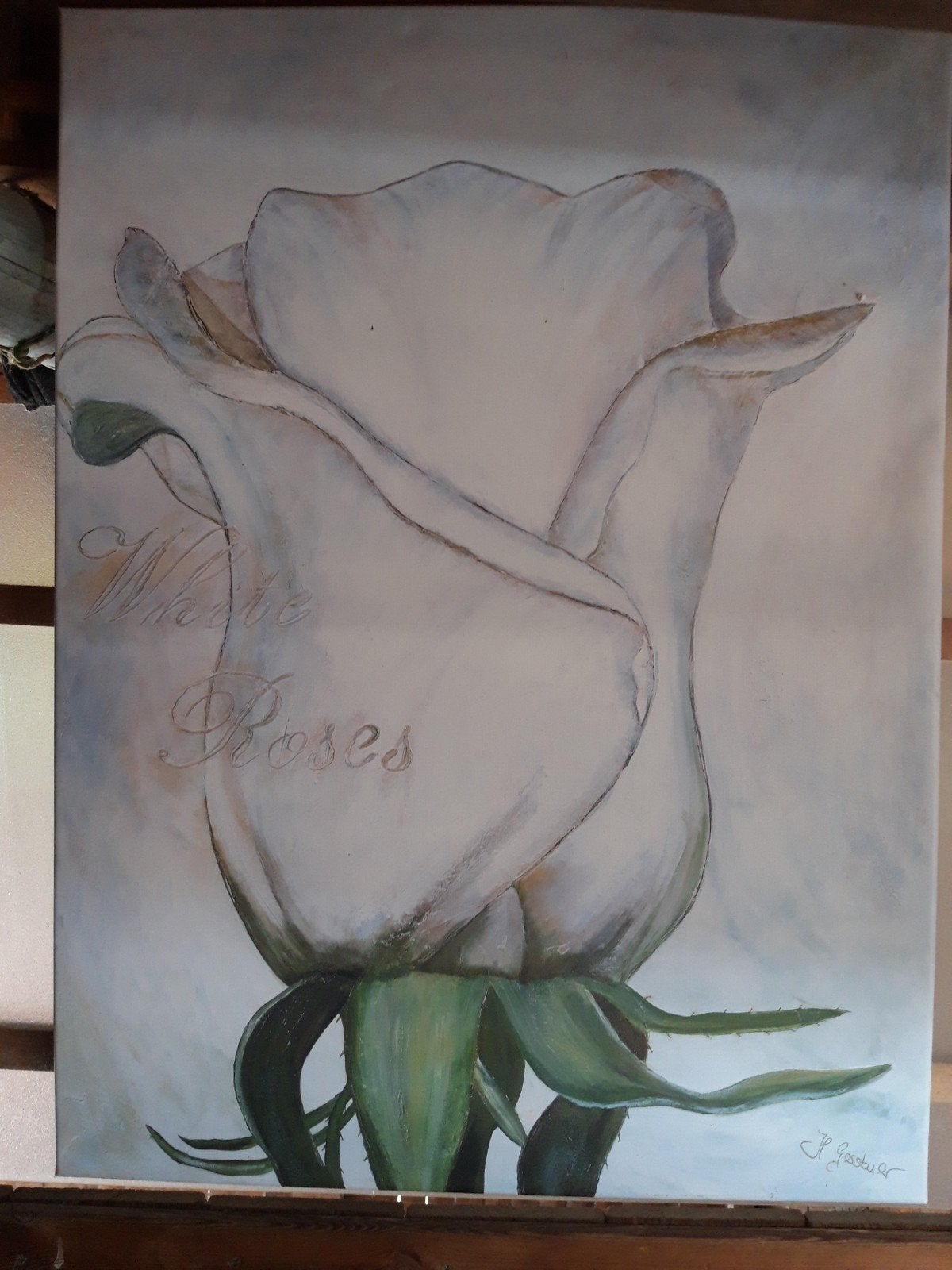Te koop: Mooi schilderij met een witte roos, Ophalen, Zo goed als nieuw, Schilderij, 75 – 100
