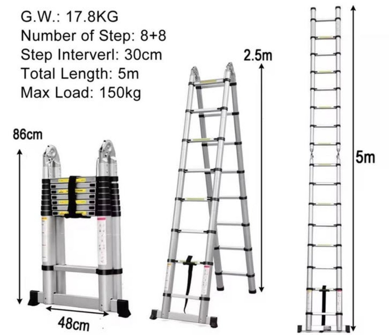 Telescopische Ladder - 5 Meter - Opvouwbaar (Nieuw), Doe-het-zelf en Verbouw, Ladders en Trappen, Nieuw, Ophalen of Verzenden