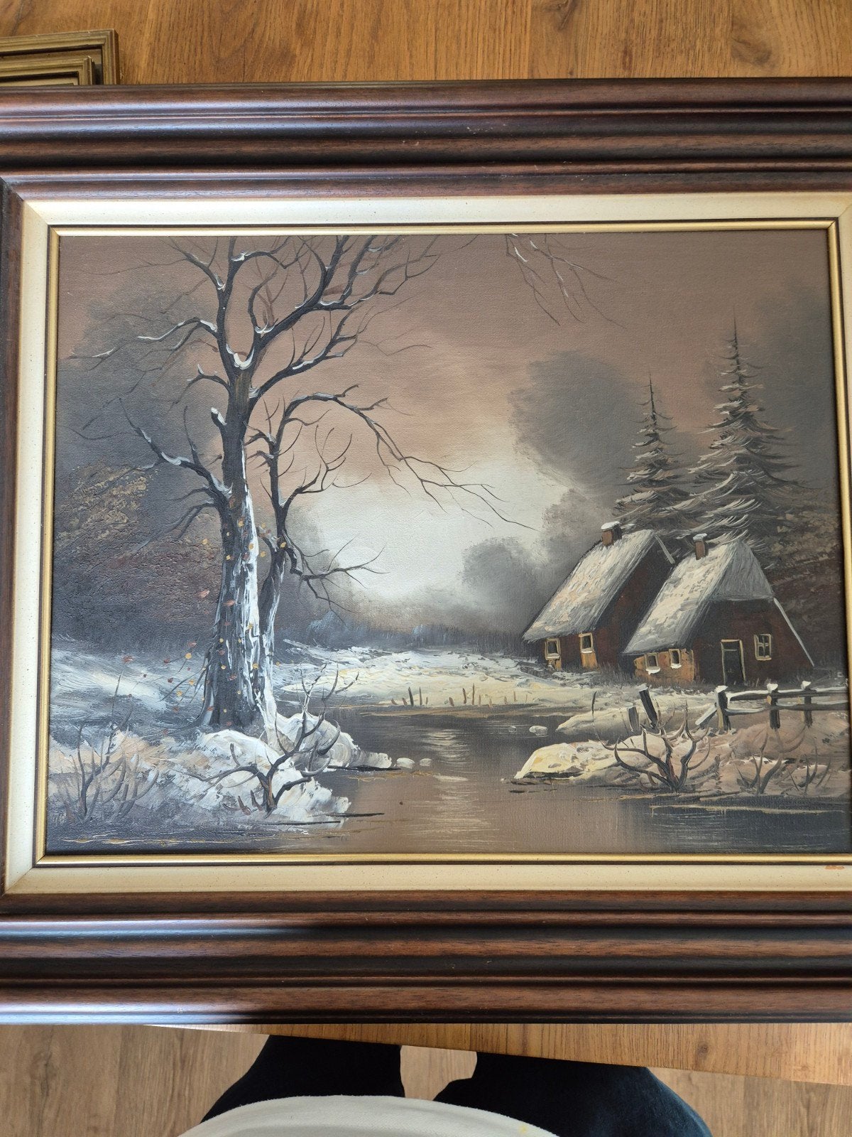 Schilderij Winterlandschap met Huisjes en Rivier, Doek, Realistisch, Ophalen of Verzenden, Landschap