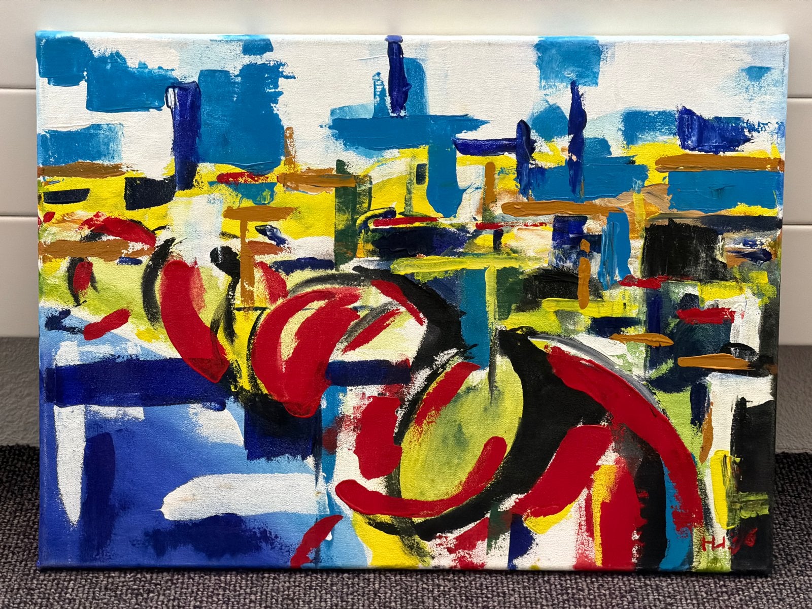 Acryl schilderij "Cityscape" abstract op linnen, Henk Uitsla, Antiek en Kunst, Ophalen