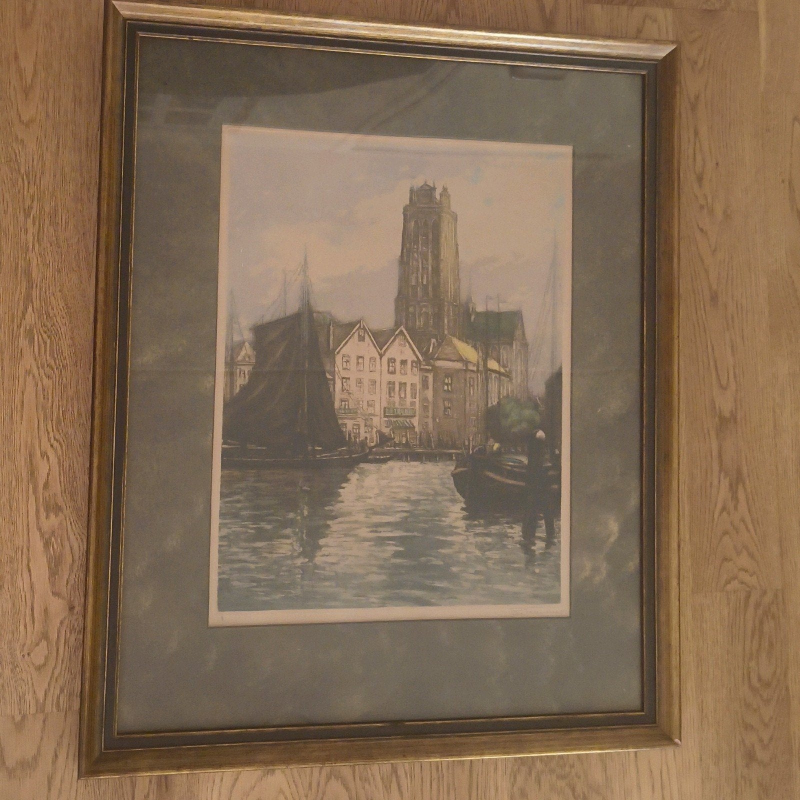 Ingelijste prent van Dordrecht aan het water, Antiek en Kunst, Kunst | Schilderijen | Klassiek, Klassiek, Ophalen, Achter glas