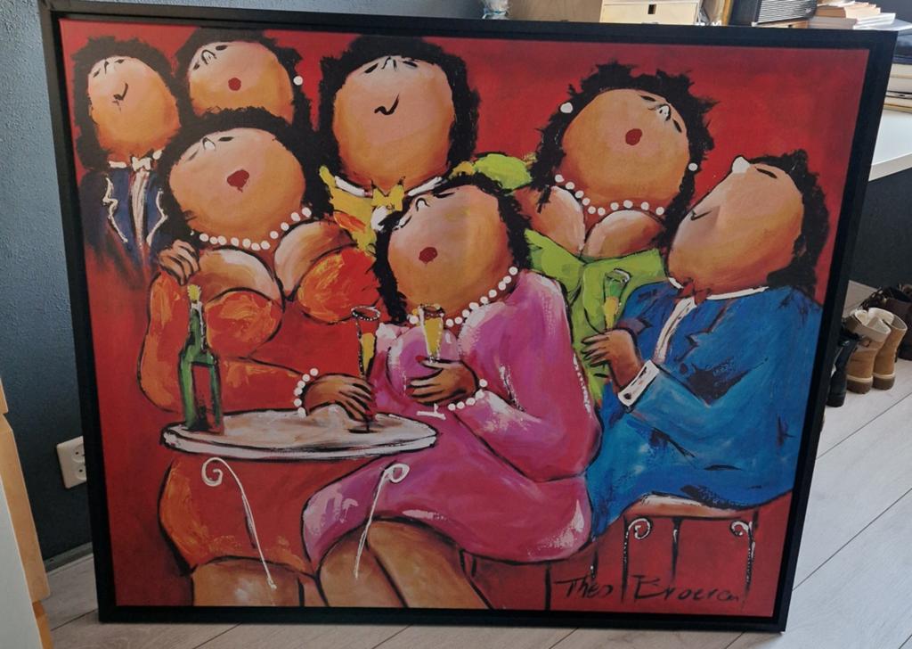 Schilderij Theo Broeren - Gezellige borrel 125,5 x 105 cm, Antiek en Kunst, Ophalen