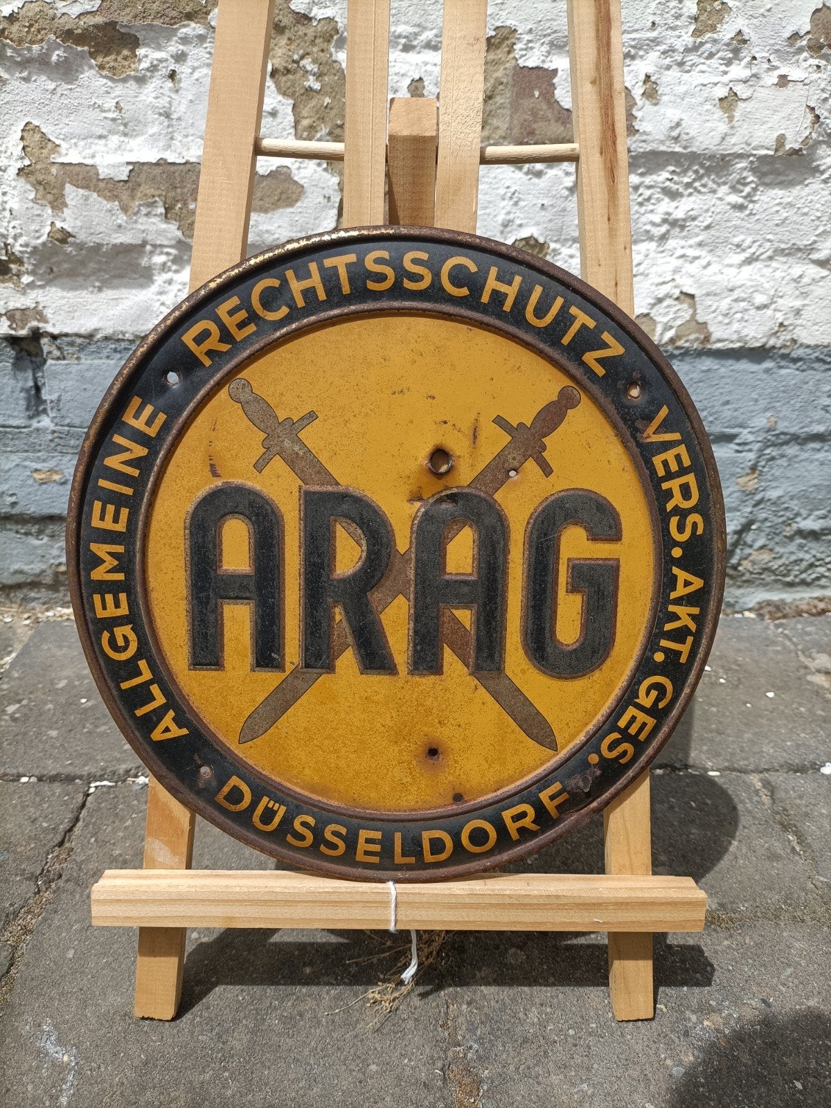 Zeer oud ARAG reclamebord Düsseldorf - ANWB Duitsland, Antiek en Kunst, Ophalen of Verzenden