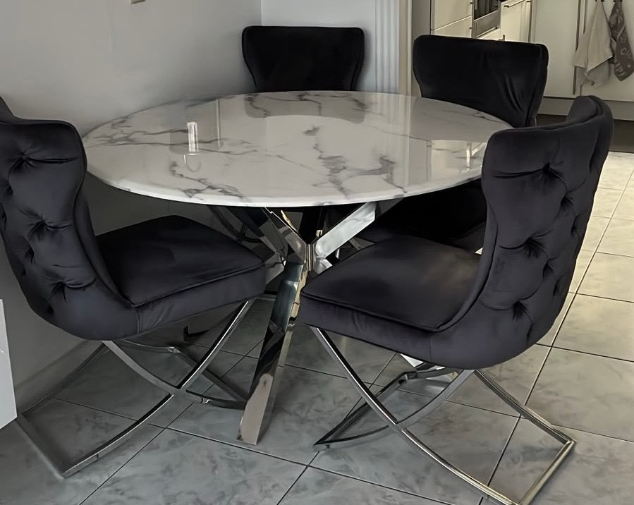 Ronde marmeren eettafel 130 cm + 4 stoelen !!, Ophalen, Rond, Zo goed als nieuw, Vijf personen of meer
