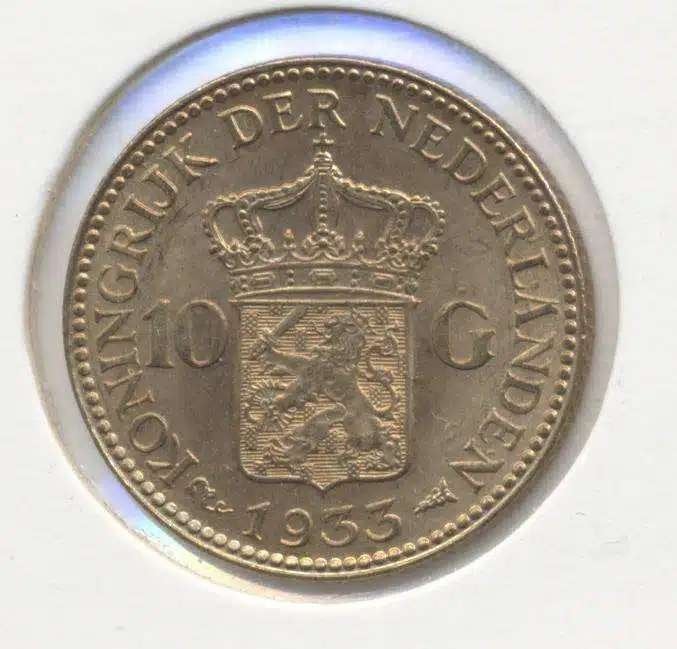 Nederland 10 Gulden 1933 Wilhelmina, Ophalen of Verzenden, Goud