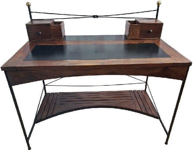 teakhouten en smeedijzeren bureau., Ophalen, Gebruikt