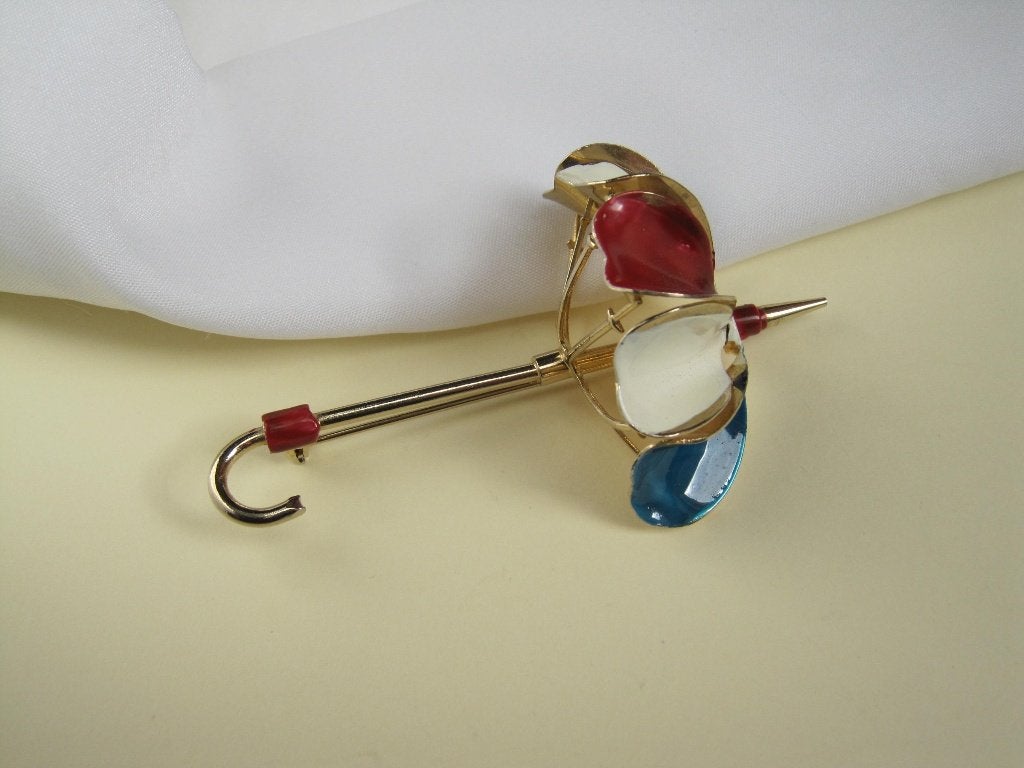 Broche paraplu parasol rood wit blauw emaille, Ophalen, Zo goed als nieuw, Overige kleuren, Overige materialen