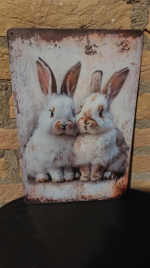 Metalen wanddecoratie met konijntjes - 20x30cm, Huis en Inrichting, Woonaccessoires | Wanddecoraties, Metaal, 30 cm, Industrieel